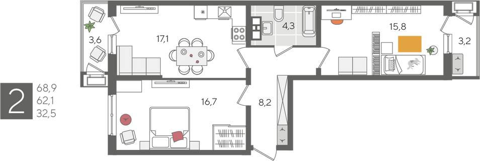 Продажа 2-комнатной квартиры 68,9 м², 5/24 этаж