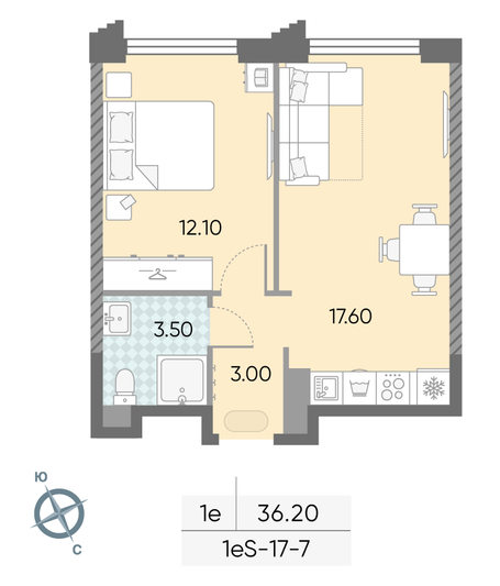 Продажа 1-комнатной квартиры 36,2 м², 7/58 этаж