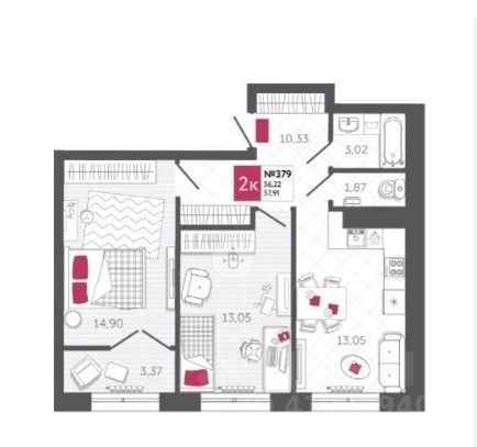Продажа 2-комнатной квартиры 57,9 м², 13/23 этаж