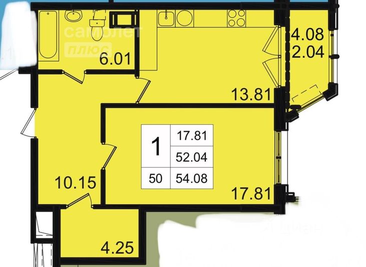 Продажа 1-комнатной квартиры 52,4 м², 6/8 этаж