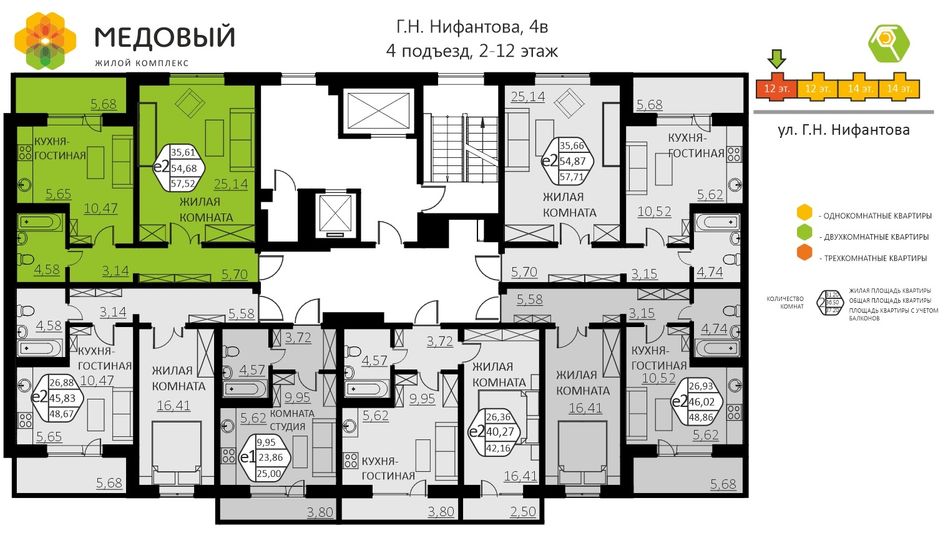 Продажа 2-комнатной квартиры 57,4 м², 12/14 этаж