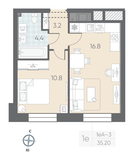 Продажа 1-комнатной квартиры 35,2 м², 4/10 этаж