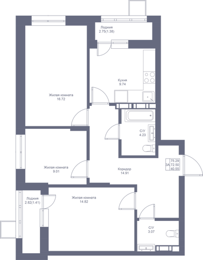 Продажа 3-комнатной квартиры 75,3 м², 2/17 этаж