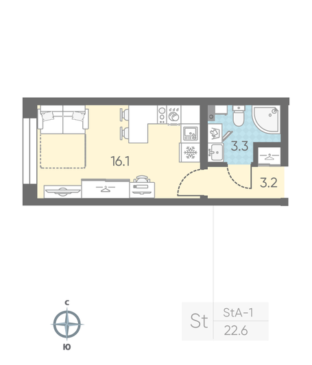 Продажа квартиры-студии 22,6 м², 2/11 этаж