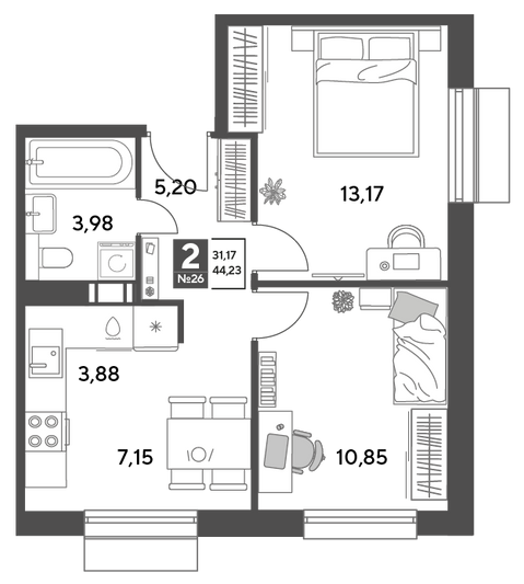 Продажа 2-комнатной квартиры 44,2 м², 5/9 этаж