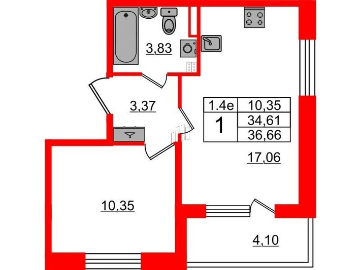 Продажа 1-комнатной квартиры 34,6 м², 2/5 этаж