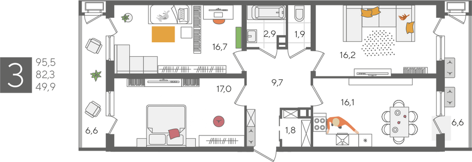 Продажа 3-комнатной квартиры 95,5 м², 4/24 этаж