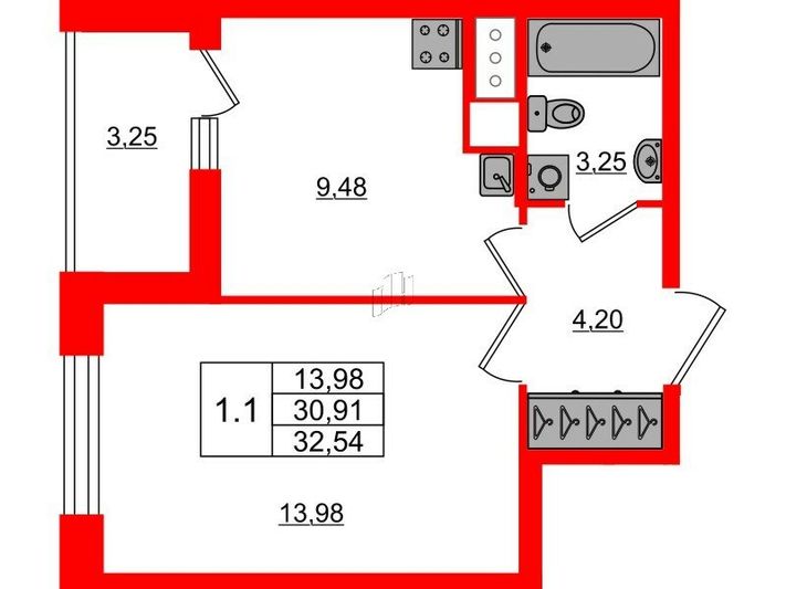 Продажа 1-комнатной квартиры 30,9 м², 10/23 этаж