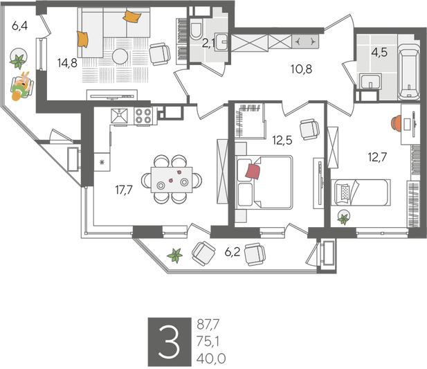 Продажа 3-комнатной квартиры 87,7 м², 12/24 этаж
