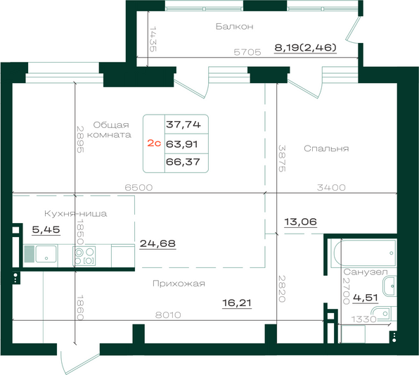 Продажа 2-комнатной квартиры 66,4 м², 9/21 этаж
