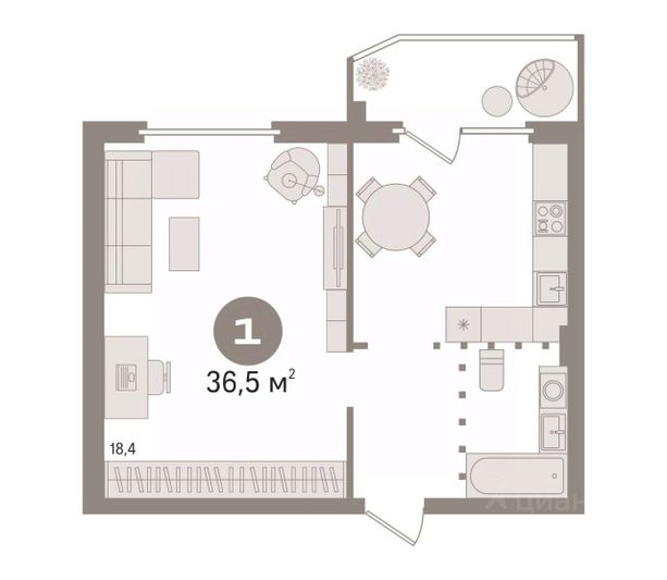 Продажа 1-комнатной квартиры 36,5 м², 2/18 этаж