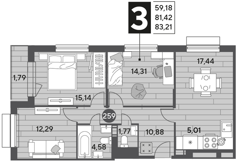 Продажа 3-комнатной квартиры 83,2 м², 11/12 этаж