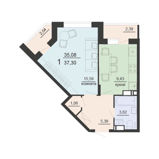 Продажа 1-комнатной квартиры 37,3 м², 10/20 этаж