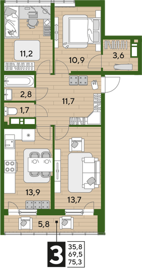 Продажа 3-комнатной квартиры 75,3 м², 15/16 этаж