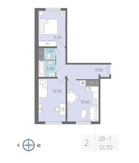 Продажа 2-комнатной квартиры 51,7 м², 2/16 этаж