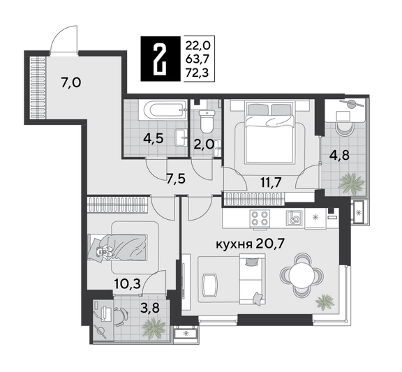 Продажа 2-комнатной квартиры 72,3 м², 2/9 этаж