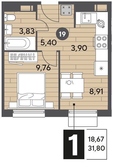 Продажа 1-комнатной квартиры 31,8 м², 4/9 этаж