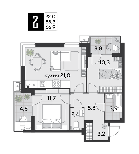 Продажа 2-комнатной квартиры 66,9 м², 2/18 этаж