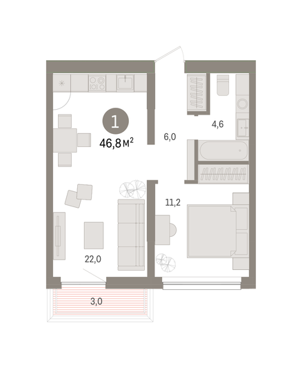 Продажа 1-комнатной квартиры 46,8 м², 4/6 этаж