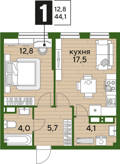 Продажа 1-комнатной квартиры 44,1 м², 10/19 этаж
