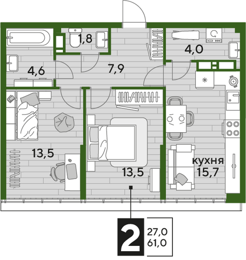 Продажа 2-комнатной квартиры 61 м², 16/16 этаж