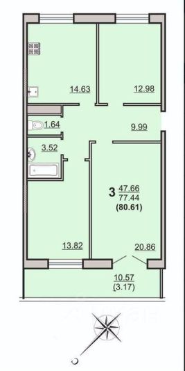 Продажа 3-комнатной квартиры 80 м², 13/16 этаж