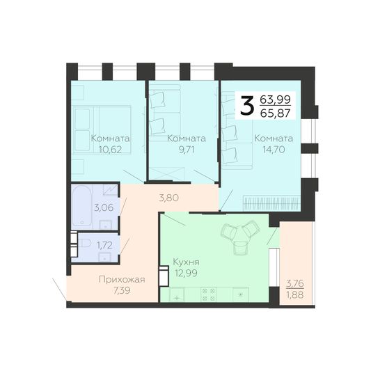 Продажа 3-комнатной квартиры 65,9 м², 9/21 этаж