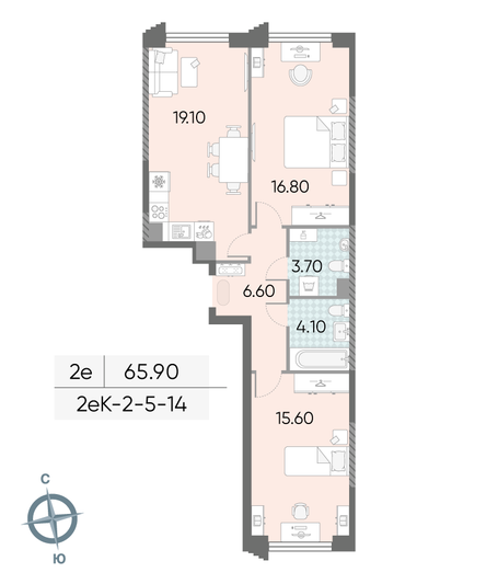Продажа 2-комнатной квартиры 65,9 м², 10/58 этаж