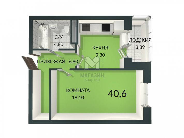 Продажа 1-комнатной квартиры 40,6 м², 3/3 этаж