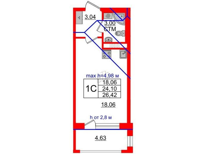 Продажа квартиры-студии 24,1 м², 4/4 этаж