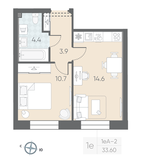 Продажа 1-комнатной квартиры 33,6 м², 3/10 этаж