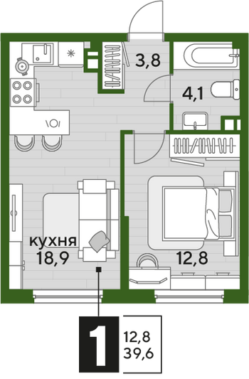 Продажа 1-комнатной квартиры 39,6 м², 7/16 этаж