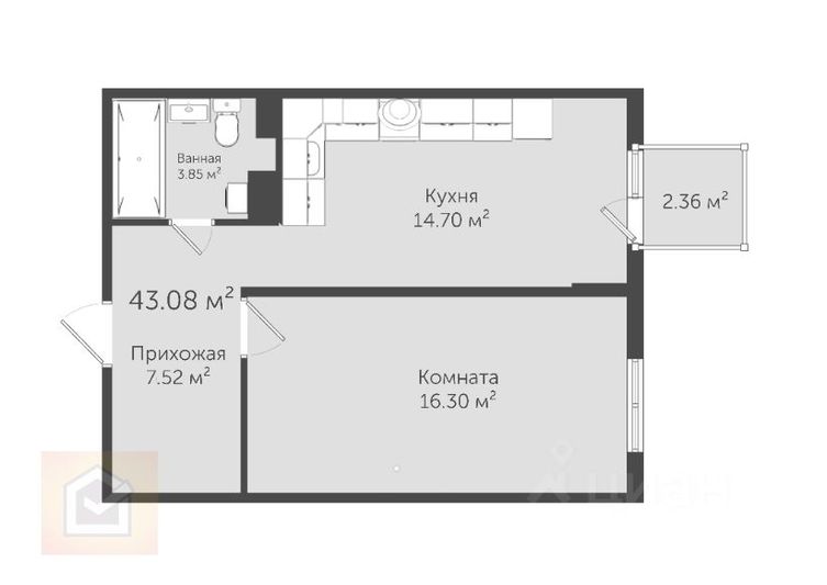 Продажа 1-комнатной квартиры 43,1 м², 5/5 этаж