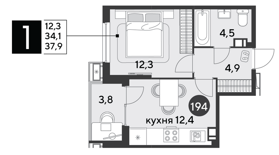 Продажа 1-комнатной квартиры 37,9 м², 4/9 этаж