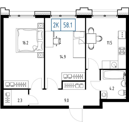 Продажа 2-комнатной квартиры 58,1 м², 2/9 этаж