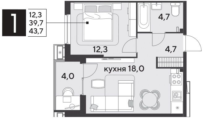 Продажа 1-комнатной квартиры 43,7 м², 2/18 этаж