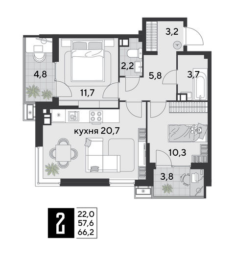 Продажа 2-комнатной квартиры 66,2 м², 7/18 этаж