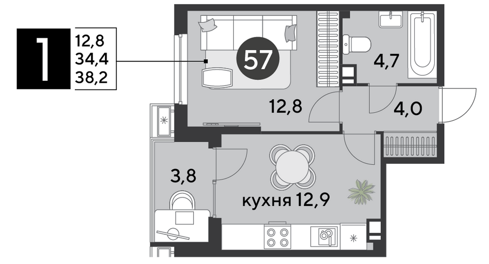 Продажа 1-комнатной квартиры 38,2 м², 7/18 этаж