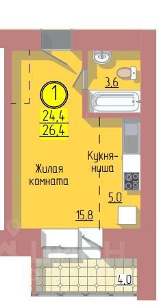 Продажа квартиры-студии 26,4 м², 3/12 этаж