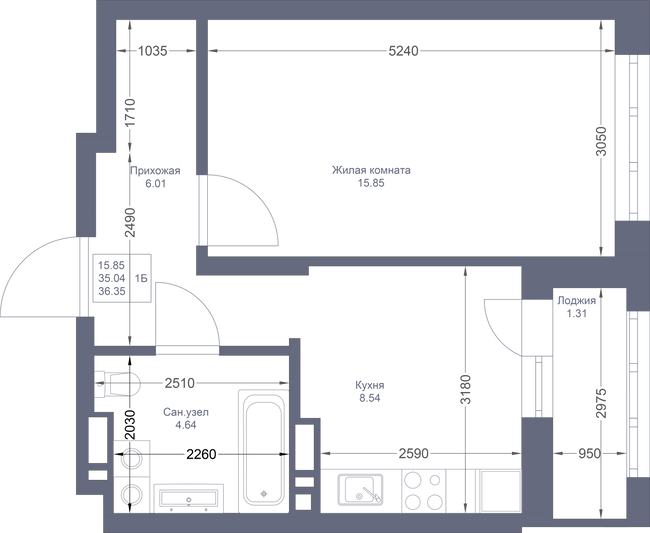 Продажа 1-комнатной квартиры 36,3 м², 4/22 этаж