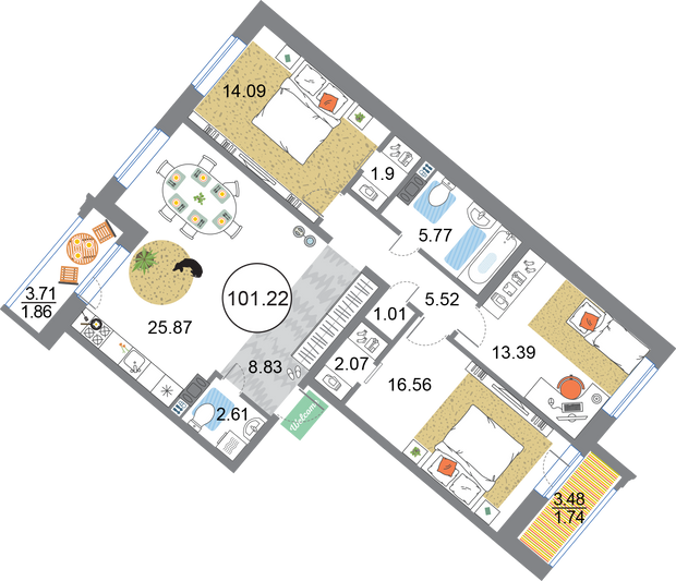Продажа 3-комнатной квартиры 101,2 м², 3/12 этаж