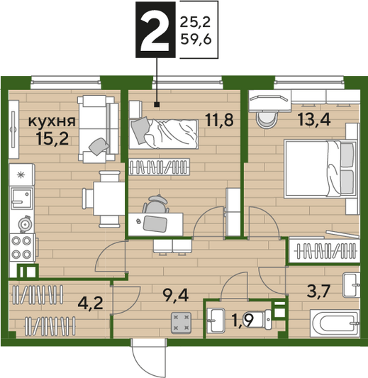 Продажа 2-комнатной квартиры 59,6 м², 4/19 этаж