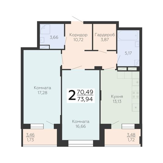 Продажа 2-комнатной квартиры 73,9 м², 2/24 этаж