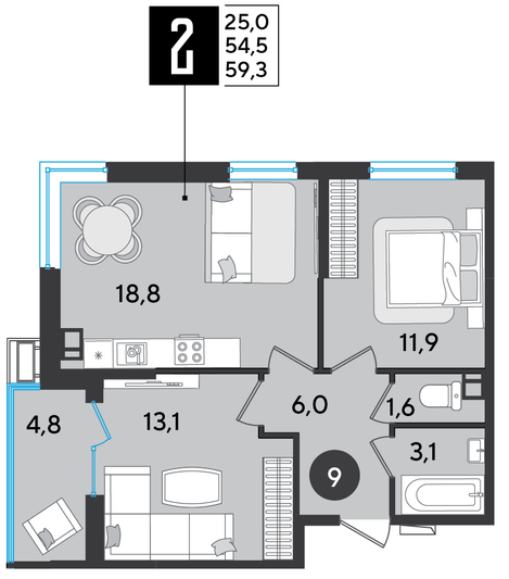 Продажа 2-комнатной квартиры 59,3 м², 3/16 этаж
