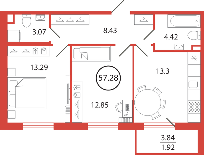 Продажа 2-комнатной квартиры 57,3 м², 12/12 этаж