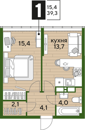 Продажа 1-комнатной квартиры 39,3 м², 15/16 этаж