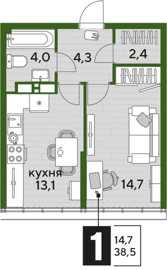 Продажа 1-комнатной квартиры 38,5 м², 16/16 этаж