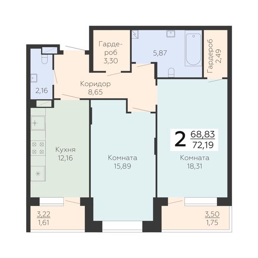 Продажа 2-комнатной квартиры 72,2 м², 2/24 этаж