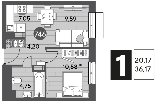 Продажа 1-комнатной квартиры 36,2 м², 10/12 этаж