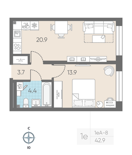 Продажа 1-комнатной квартиры 42,9 м², 2/11 этаж